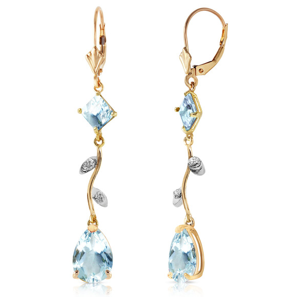 14K. GOLD CHANDELIERS EARRING W/ DIAMONDS & AQUAMARINE (Yellow Gold) - Picture 3 of 3